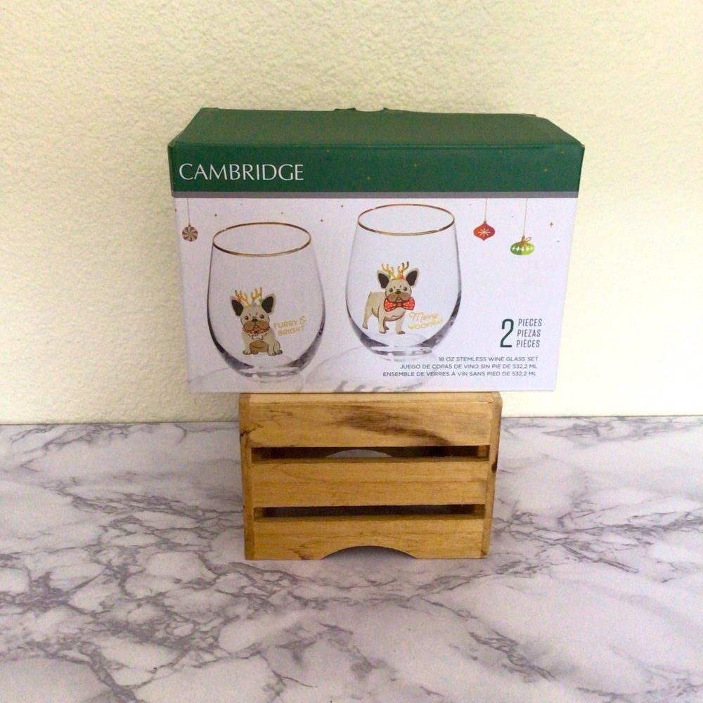 Cambridge Christmas Frenchie Stemless Wine Glasses Set of 2 18oz